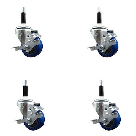 Service Caster 3'' Blue Poly Swivel 7/8'' Expanding Stem Caster Set with Brake, 4PK SCC-EX20S314-PPUB-BLUE-TLB-78-4